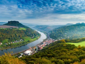 German River with town in view