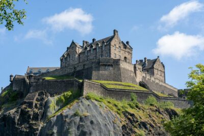 Beautiful view of the Edinburgh Castle high on the hill, Edinburgh, Scotland