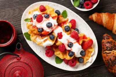 Delicious belgian waffles with summer berries