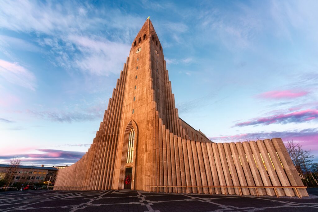 Hallgrimskirkja Lutheran church with basalt column stacks inspiration in the sunset at Reykjavik