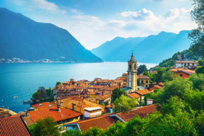 Como Lake, Sala Comacina bell tower from greenway trail. Italy, Europe.