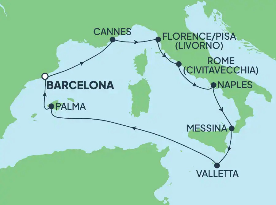 Map of Mediterranean Cruise leaving Barcelona to Barcelona