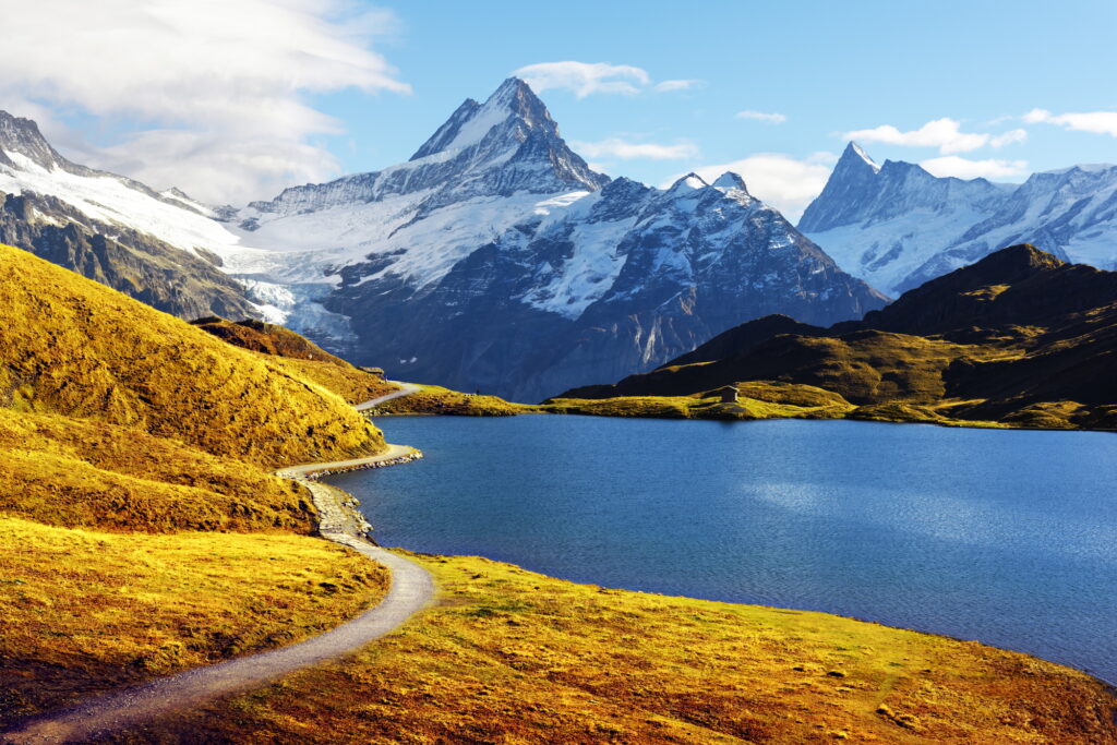 Picturesque view on Bachalpsee lake in Swiss Alps mountains