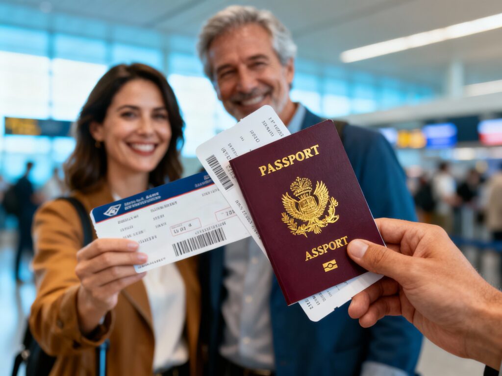 Close-up of a passport and boarding pass held with brunette first-time travelers in their late 40s smiling in the background.