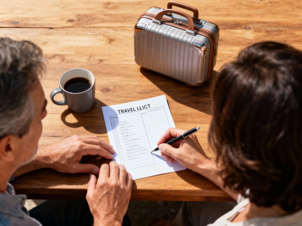 Couple in their 40s reviewing a travel checklist and suitcase on a table while preparing for a trip