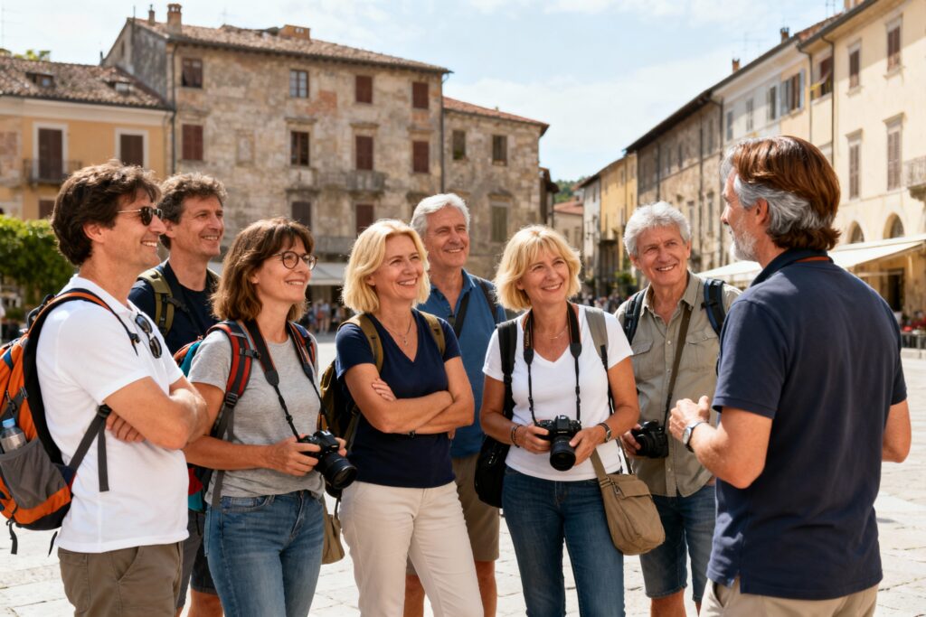 Small group of adults around 50 listening to a brown-haired tour guide in a bright European old town before a walking tour.