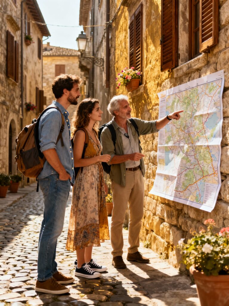 Travelers with a guide looking at a map